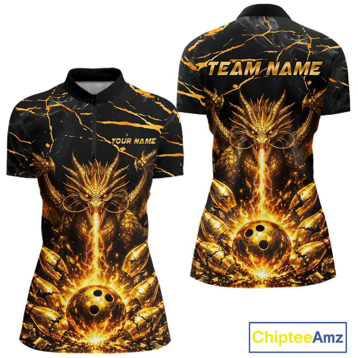 Custom Black and Gold Bowling Shirt Dragon Bowling Jersey League for Women Polo & 1/4-Zip Outfit QZT834