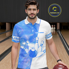 Load image into Gallery viewer, Man wearing a blue and white bowling-themed shirt with a bowling ball in a bowling alley.
