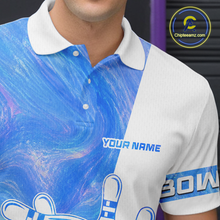 Load image into Gallery viewer, Close-up of a person wearing a blue and white polo shirt with personalized text.