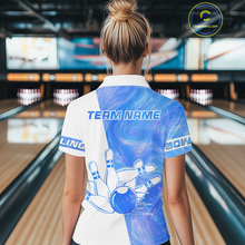 Load image into Gallery viewer, Person wearing a blue and white bowling jersey with 'TEAM NAME' on a bowling alley.