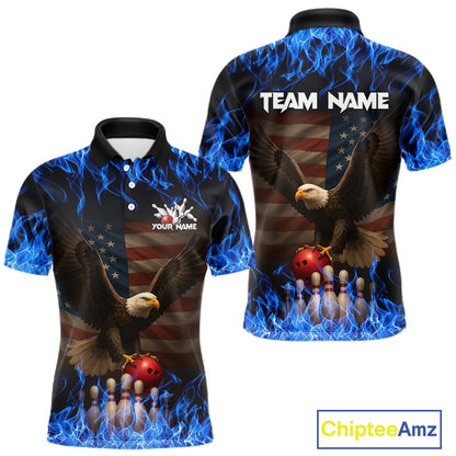 Custom Blue Flames Eagle Bowling Shirt for Men American Flag Bowling Team Jersey Polo & 1/4 Zip QZT1253