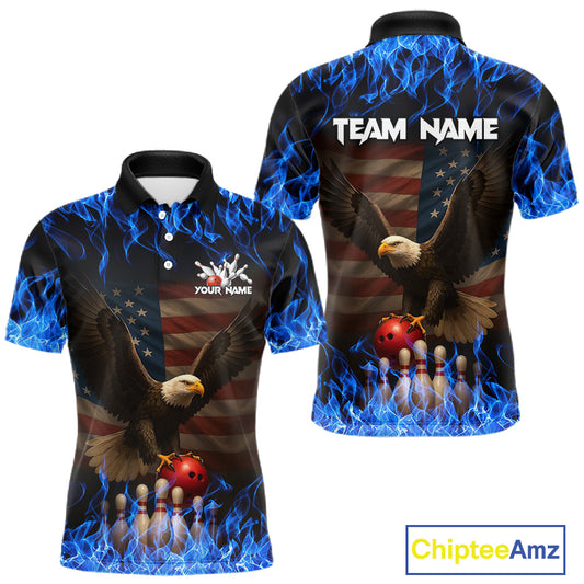 Custom Blue Flames Eagle Bowling Shirt for Men American Flag Bowling Team Jersey Polo & 1/4 Zip QZT1253