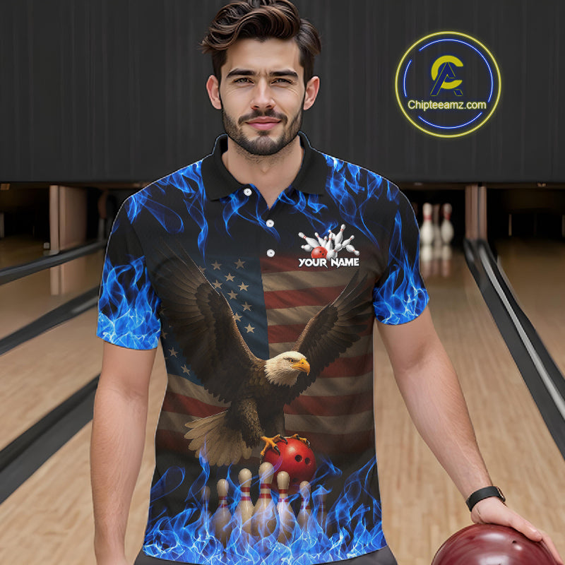 Custom Blue Flames Eagle Bowling Shirt for Men American Flag Bowling Team Jersey Polo & 1/4 Zip QZT1253