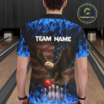 Custom Blue Flames Eagle Bowling Shirt for Men American Flag Bowling Team Jersey Polo & 1/4 Zip QZT1253