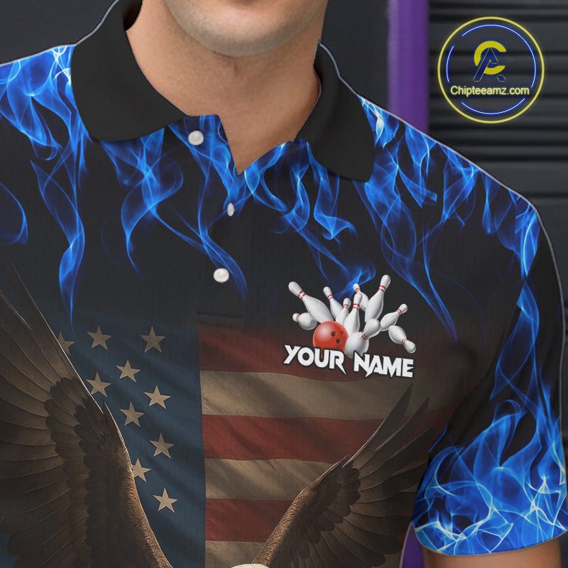 Custom Blue Flames Eagle Bowling Shirt for Men American Flag Bowling Team Jersey Polo & 1/4 Zip QZT1253