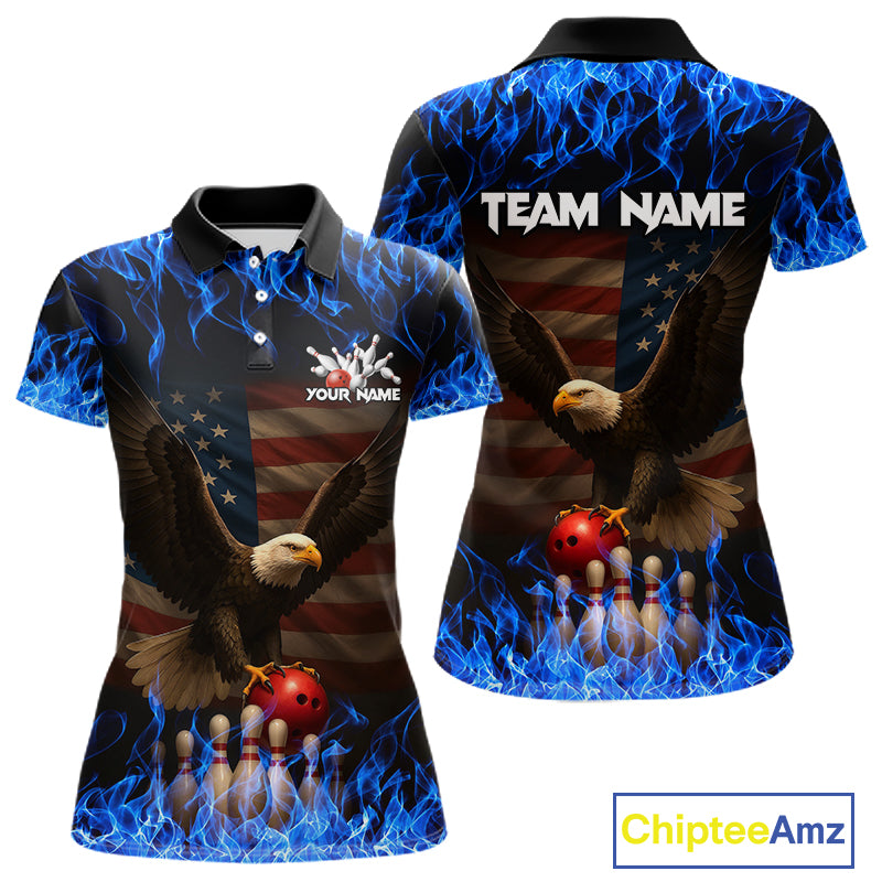 Custom Blue Flames Eagle Bowling Shirt for Women American Flag Bowling Team Jersey Polo & 1/4 Zip QZT1253