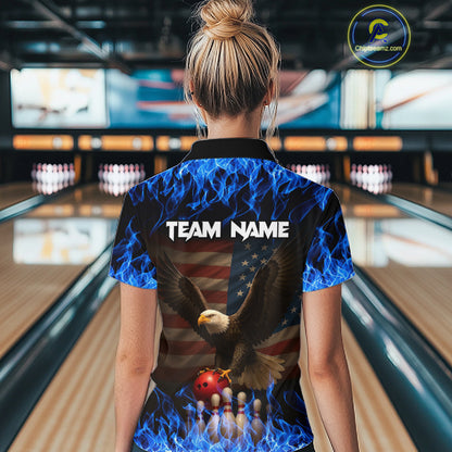 Custom Blue Flames Eagle Bowling Shirt for Women American Flag Bowling Team Jersey Polo & 1/4 Zip QZT1253