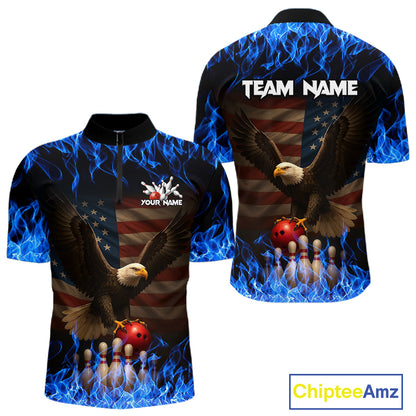 Custom Blue Flames Eagle Bowling Shirt for Men American Flag Bowling Team Jersey Polo & 1/4 Zip QZT1253