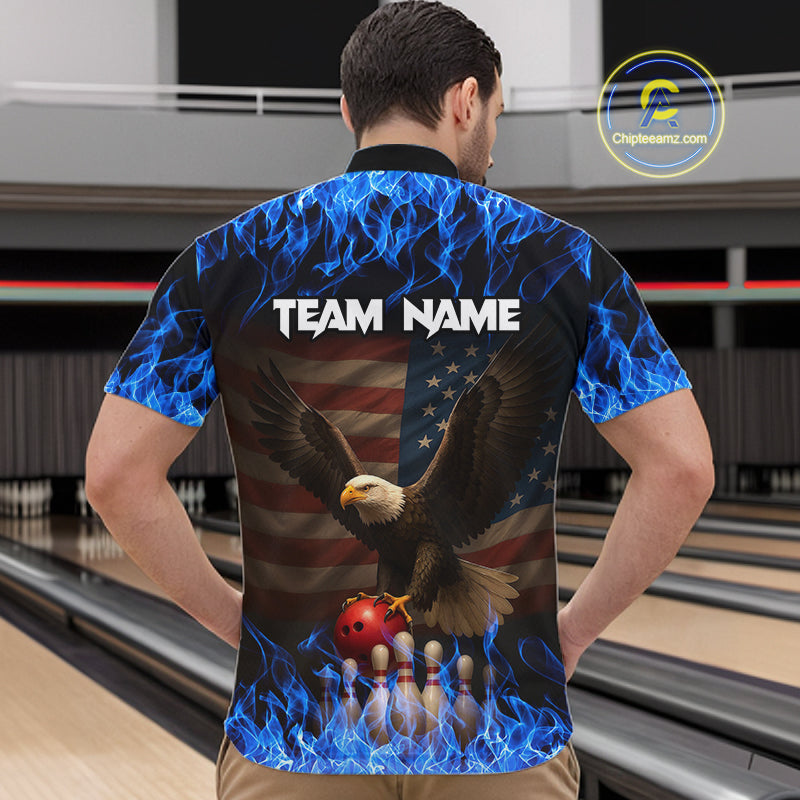 Custom Blue Flames Eagle Bowling Shirt for Men American Flag Bowling Team Jersey Polo & 1/4 Zip QZT1253