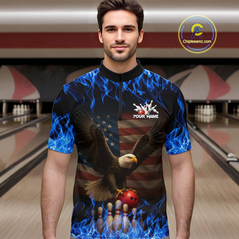 Custom Blue Flames Eagle Bowling Shirt for Men American Flag Bowling Team Jersey Polo & 1/4 Zip QZT1253