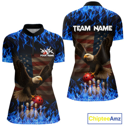 Custom Blue Flames Eagle Bowling Shirt for Women American Flag Bowling Team Jersey Polo & 1/4 Zip QZT1253