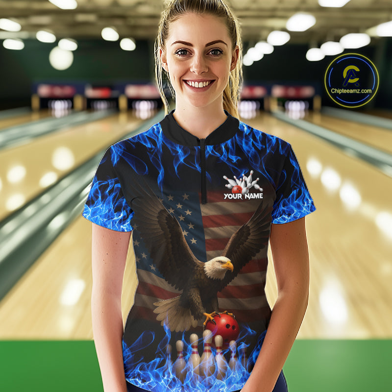 Custom Blue Flames Eagle Bowling Shirt for Women American Flag Bowling Team Jersey Polo & 1/4 Zip QZT1253