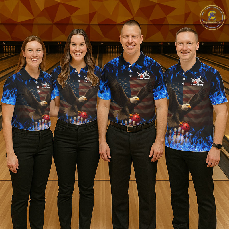 Custom Blue Flames Eagle Bowling Shirt for Men American Flag Bowling Team Jersey Polo & 1/4 Zip QZT1253