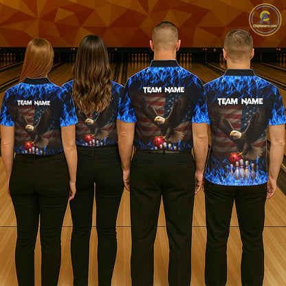Custom Blue Flames Eagle Bowling Shirt for Men American Flag Bowling Team Jersey Polo & 1/4 Zip QZT1253