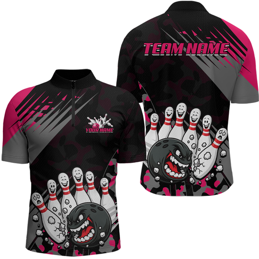 Custom Pink Funny Bowling Shirt Crazy Bowling Jersey Men Polo & 1/4 Zip Bowling Outfit QZT785