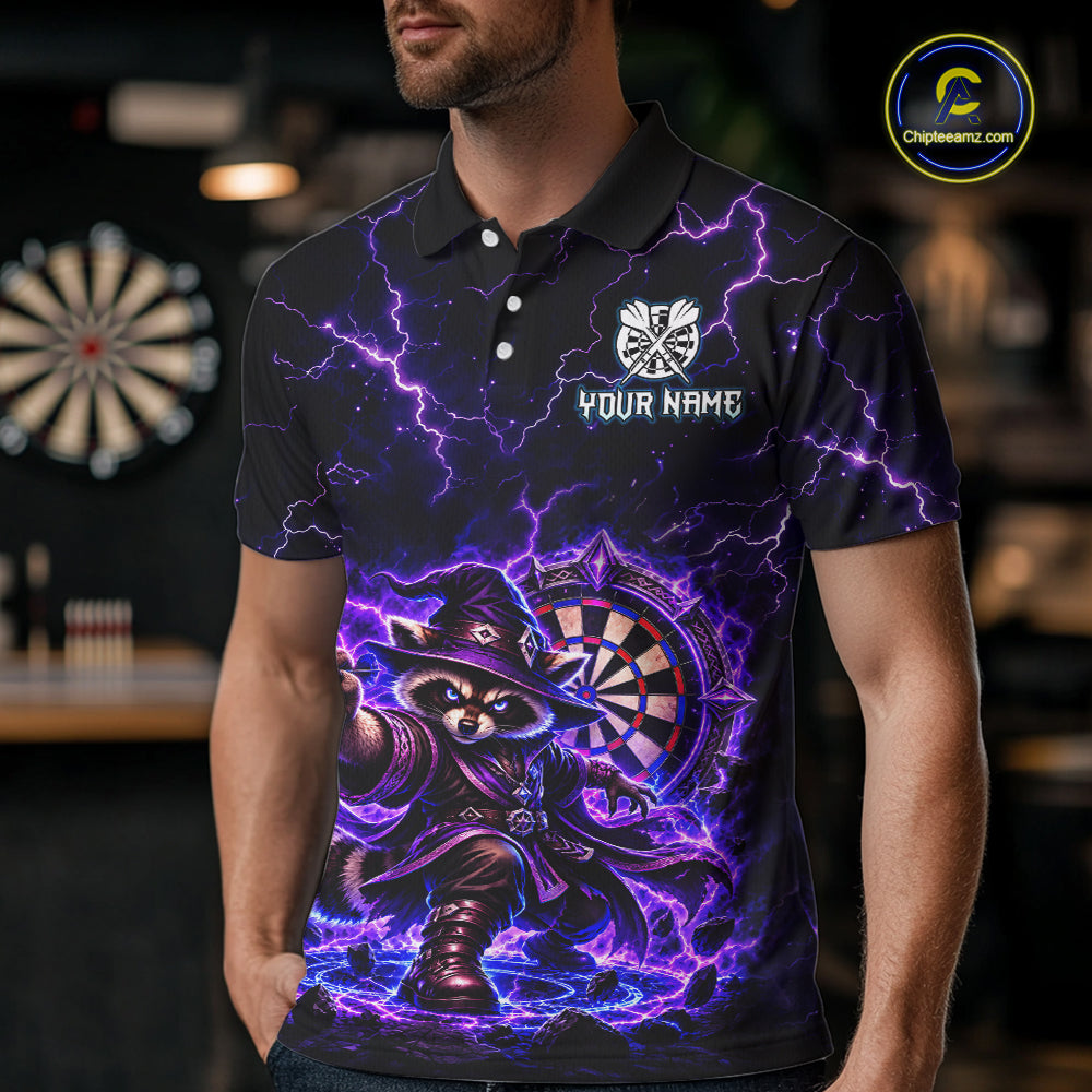 Custom Wizard Raccoon Darts Shirt for Men Lightning Thunder Dart Team Jersey Polo & Quarter-Zip DHT80