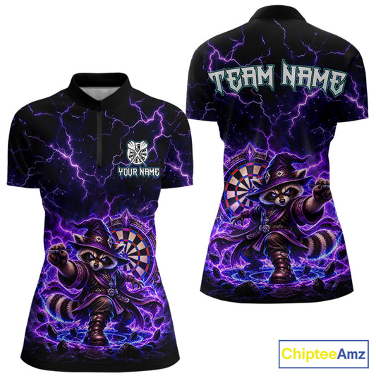 Custom Wizard Raccoon Darts Shirt for Women Lightning Thunder Dart Team Jersey Polo & Quarter-Zip DHT80