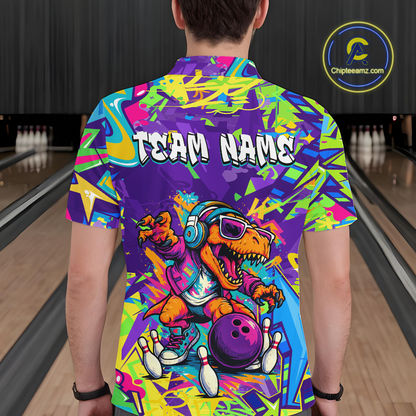 Custom Funny Graffiti Dinosaur Bowling Shirt Polo & 1/4 Zip Bowling Jersey for Men Bowling Outfit QZT795