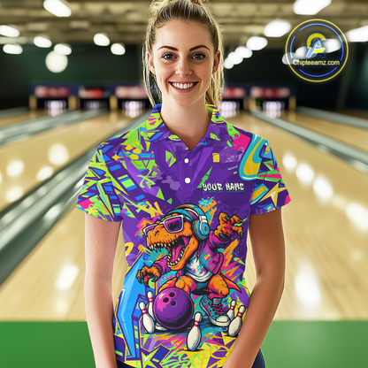 Custom Funny Graffiti Dinosaur Bowling Shirt Polo & 1/4 Zip Bowling Jersey for Women Bowling Outfit QZT795