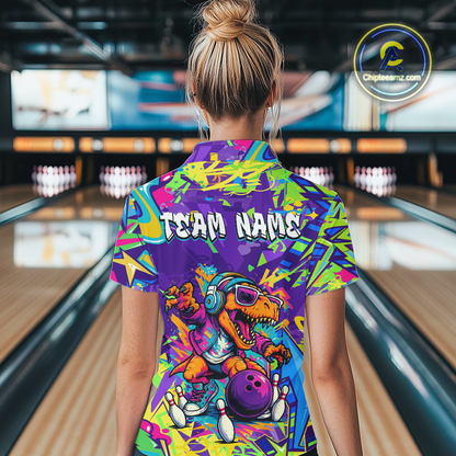 Custom Funny Graffiti Dinosaur Bowling Shirt Polo & 1/4 Zip Bowling Jersey for Women Bowling Outfit QZT795