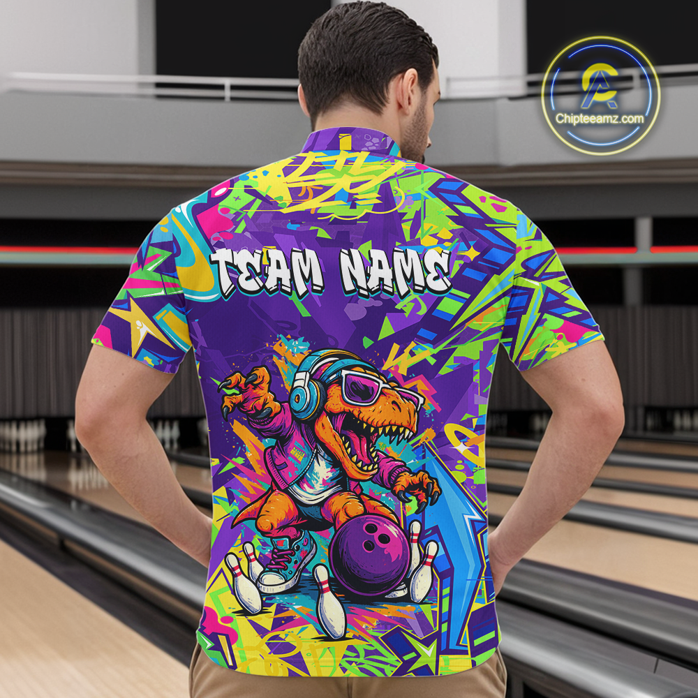 Custom Funny Graffiti Dinosaur Bowling Shirt Polo & 1/4 Zip Bowling Jersey for Men Bowling Outfit QZT795