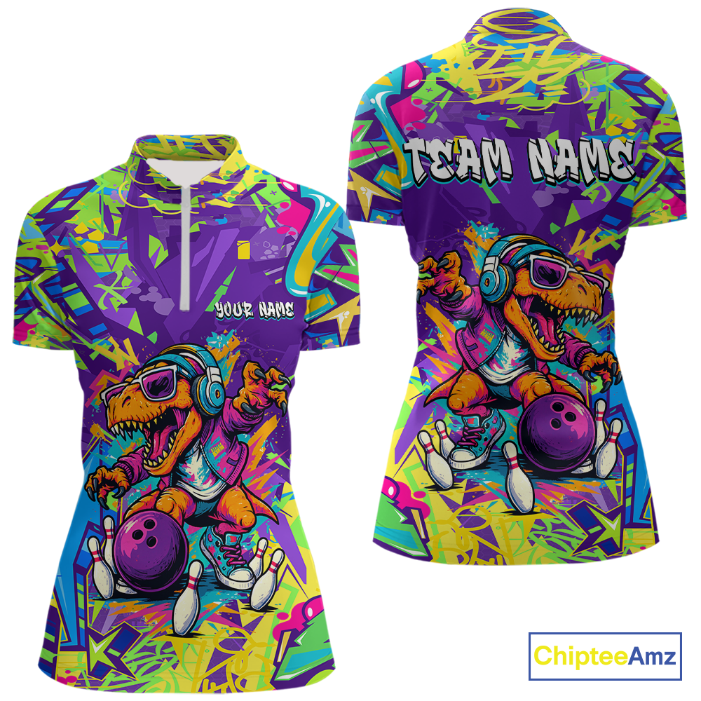 Custom Funny Graffiti Dinosaur Bowling Shirt Polo & 1/4 Zip Bowling Jersey for Women Bowling Outfit QZT795