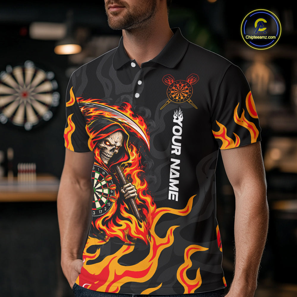 Custom Orange Flame Grim Reaper Dart Shirt for Men Dart Team Jersey Polo & 1/4-Zip DHT104