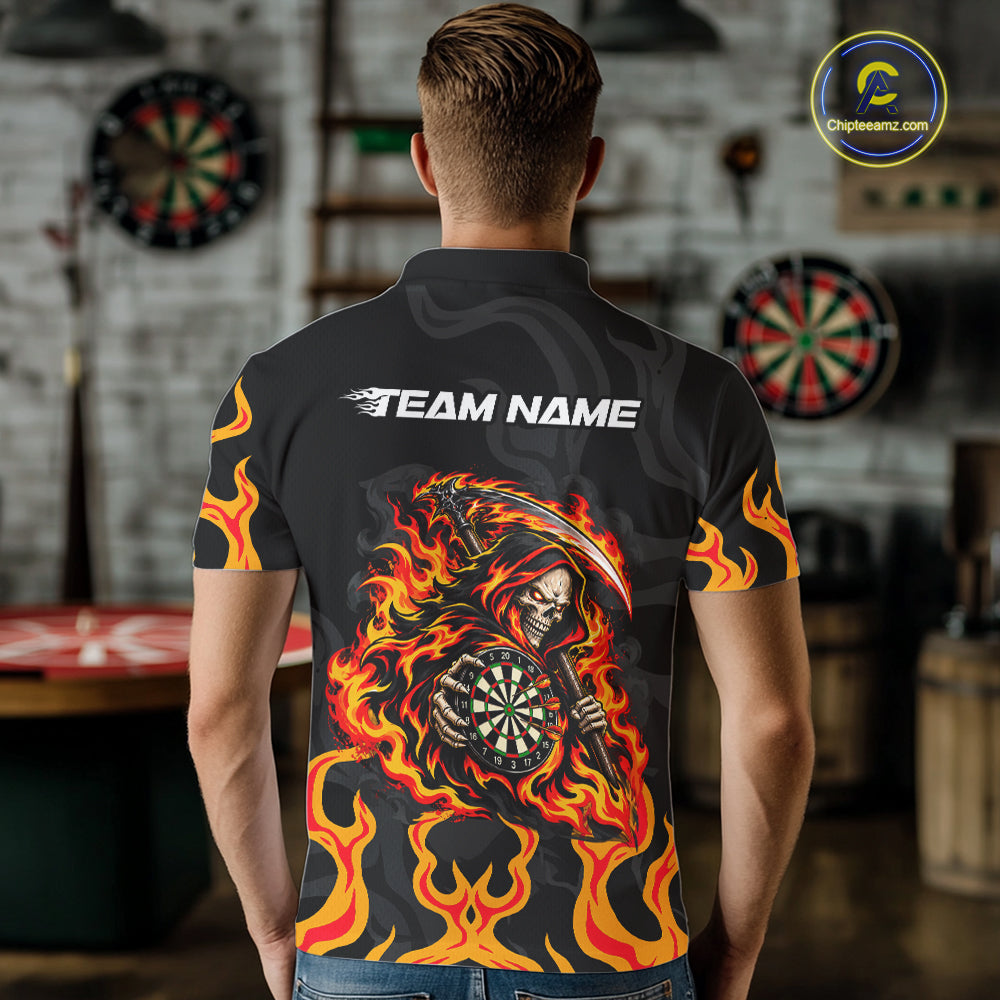 Custom Orange Flame Grim Reaper Dart Shirt for Men Dart Team Jersey Polo & 1/4-Zip DHT104