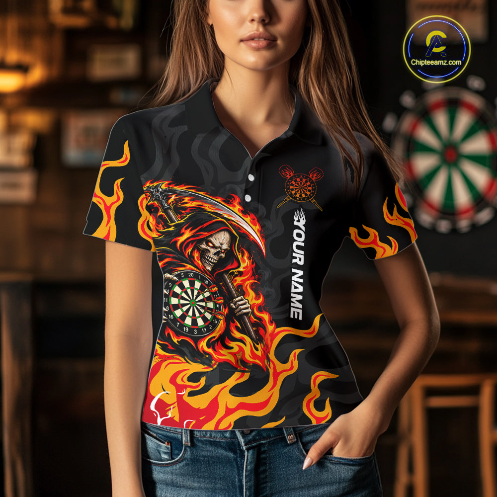 Custom Orange Flame Grim Reaper Dart Shirt for Women Dart Team Jersey Polo & 1/4-Zip DHT104
