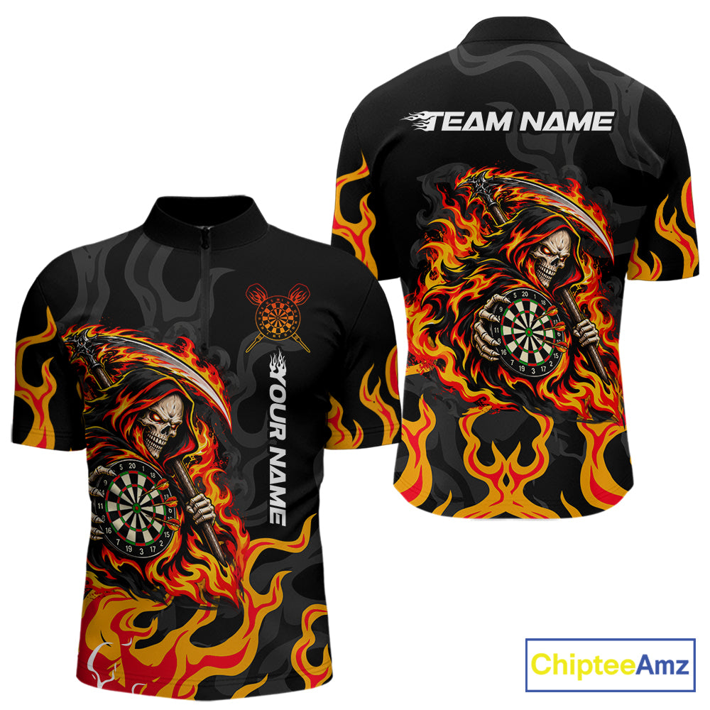 Custom Orange Flame Grim Reaper Dart Shirt for Men Dart Team Jersey Polo & 1/4-Zip DHT104