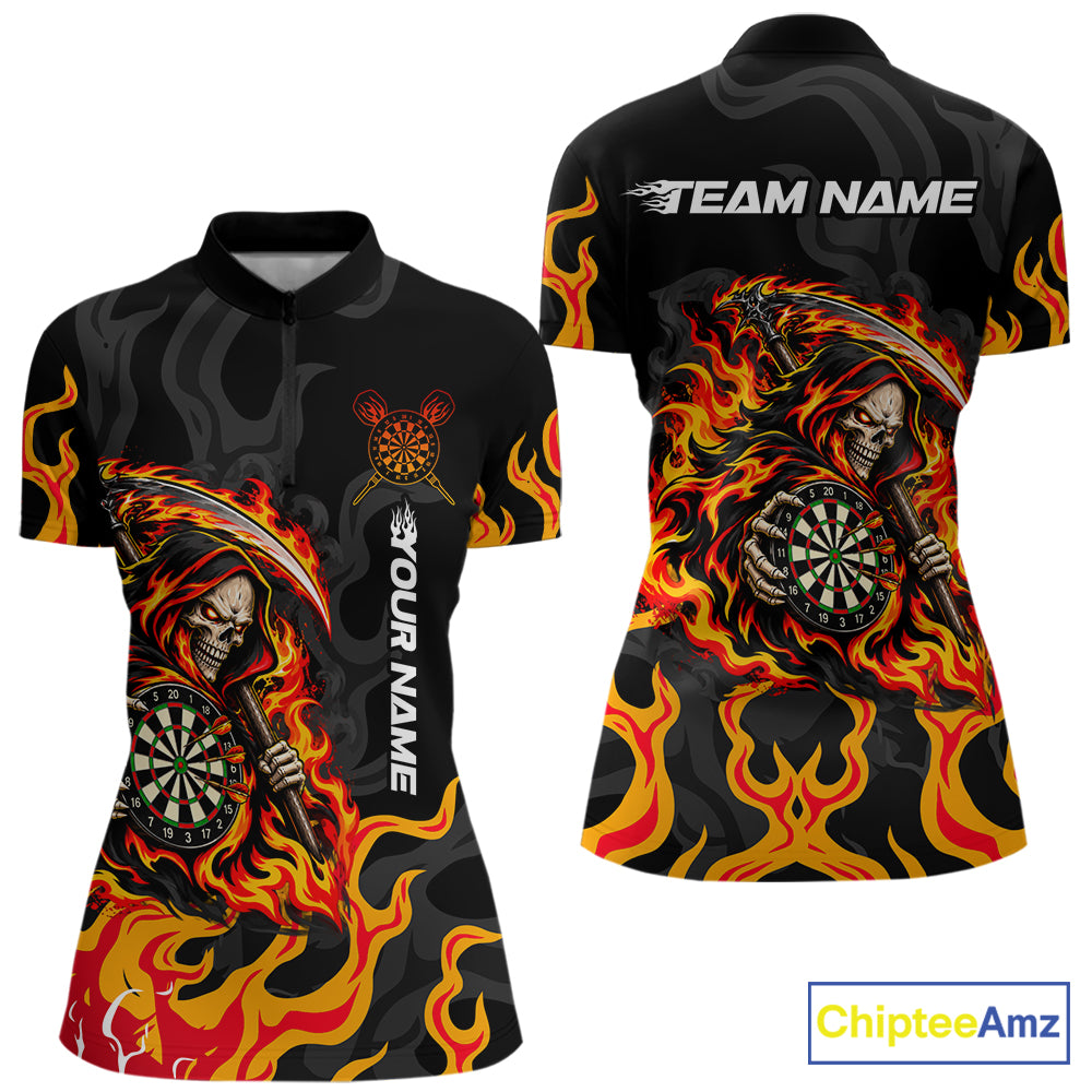 Custom Orange Flame Grim Reaper Dart Shirt for Women Dart Team Jersey Polo & 1/4-Zip DHT104