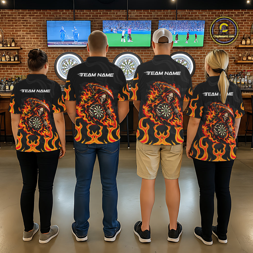 Custom Orange Flame Grim Reaper Dart Shirt for Men Dart Team Jersey Polo & 1/4-Zip DHT104