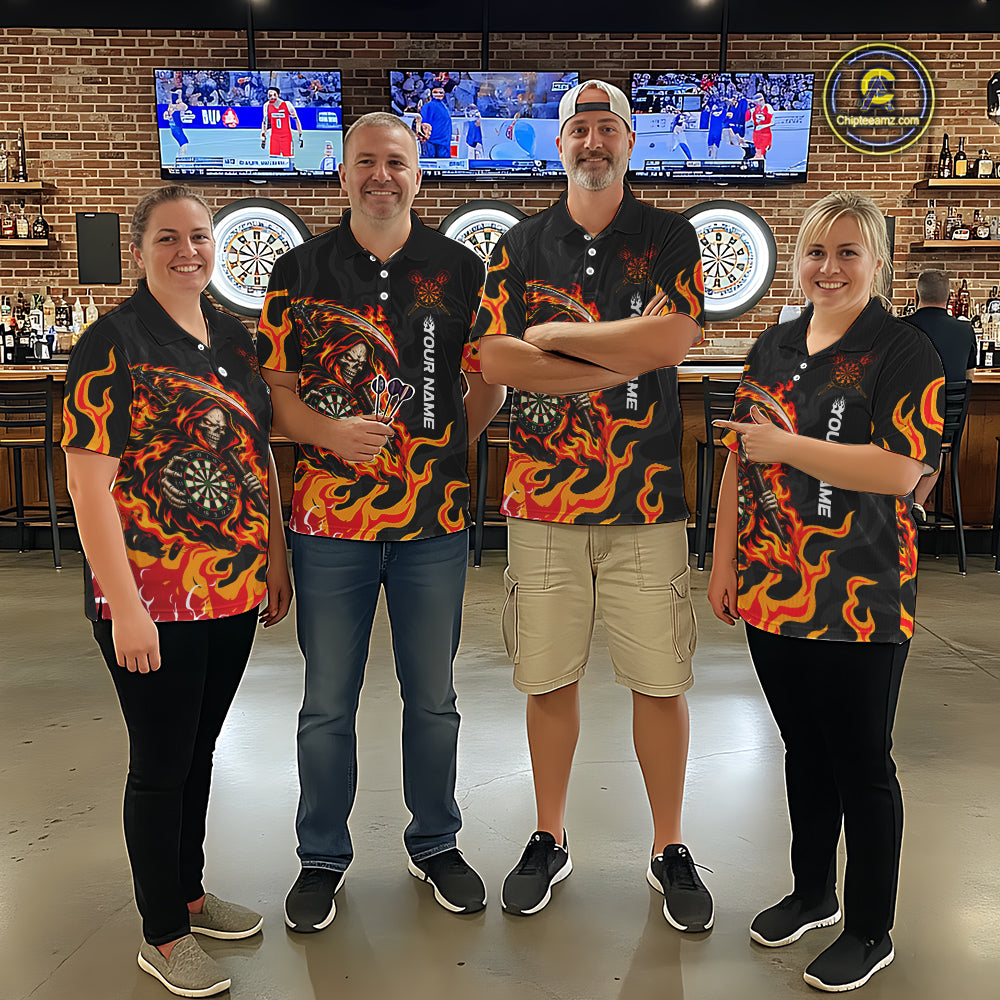 Custom Orange Flame Grim Reaper Dart Shirt for Men Dart Team Jersey Polo & 1/4-Zip DHT104
