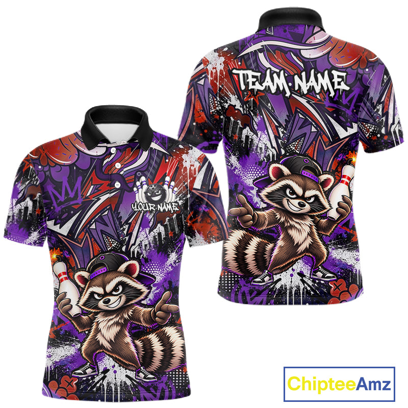Custom Graffiti Raccoon Bowling Shirt for Men Funny Bowling Jersey Polo & 1/4 Zip QZT1396