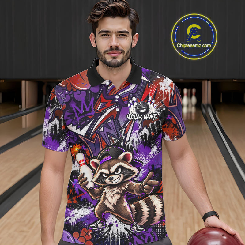 Custom Graffiti Raccoon Bowling Shirt for Men Funny Bowling Jersey Polo & 1/4 Zip QZT1396