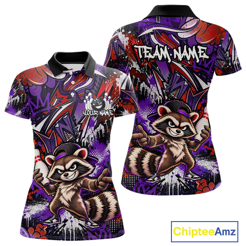 Custom Graffiti Raccoon Bowling Shirt for Women Funny Bowling Jersey Polo & 1/4 Zip QZT1396