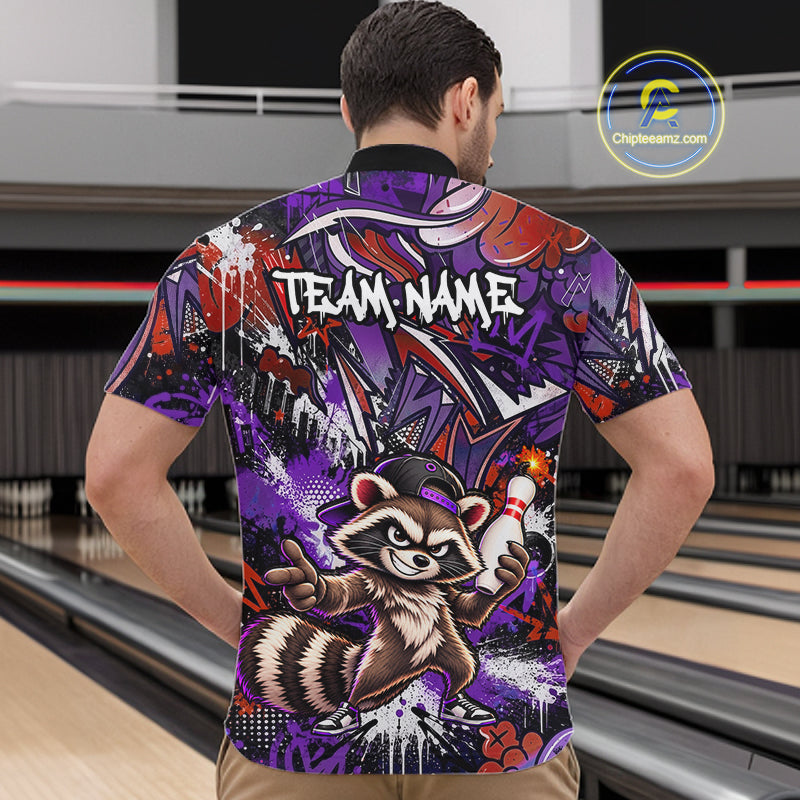 Custom Graffiti Raccoon Bowling Shirt for Men Funny Bowling Jersey Polo & 1/4 Zip QZT1396