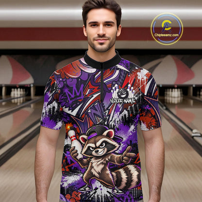 Custom Graffiti Raccoon Bowling Shirt for Men Funny Bowling Jersey Polo & 1/4 Zip QZT1396