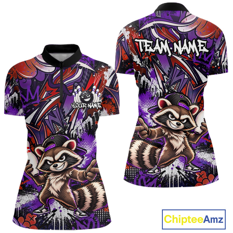 Custom Graffiti Raccoon Bowling Shirt for Women Funny Bowling Jersey Polo & 1/4 Zip QZT1396