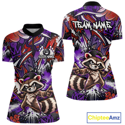 Custom Graffiti Raccoon Bowling Shirt for Women Funny Bowling Jersey Polo & 1/4 Zip QZT1396