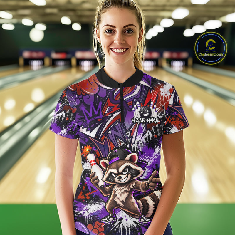 Custom Graffiti Raccoon Bowling Shirt for Women Funny Bowling Jersey Polo & 1/4 Zip QZT1396