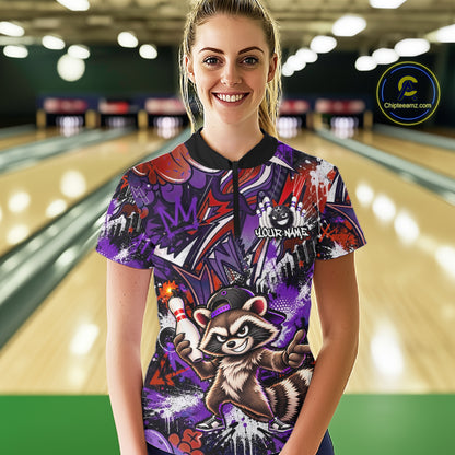 Custom Graffiti Raccoon Bowling Shirt for Women Funny Bowling Jersey Polo & 1/4 Zip QZT1396