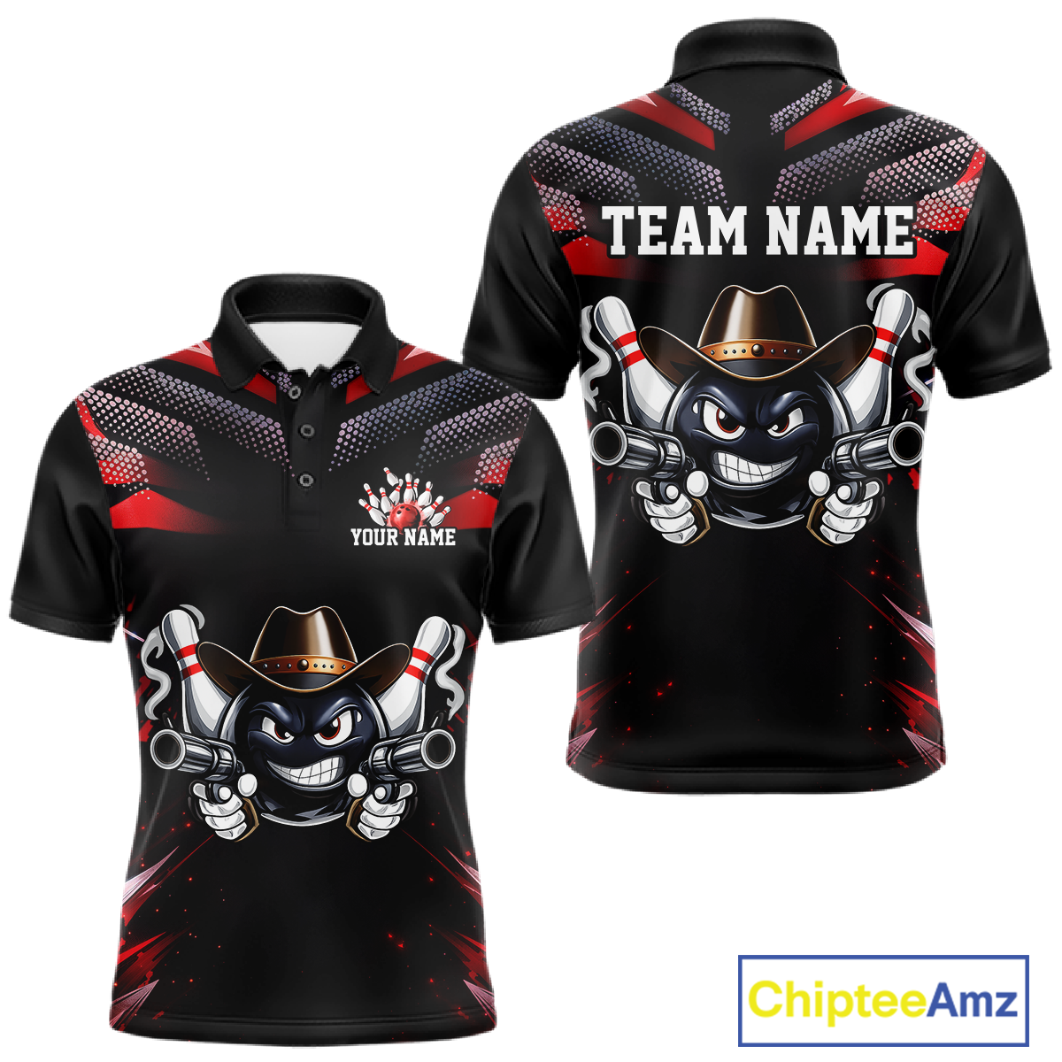 Custom Black & Red Funny Cowboy Bowling Shirt for Men Polo & 1/4-Zip Bowling League QZT840