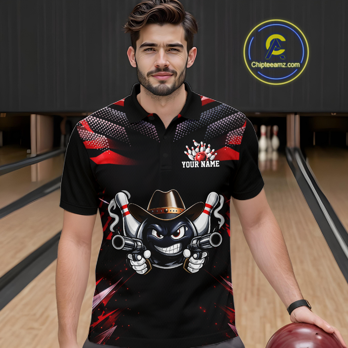 Custom Black & Red Funny Cowboy Bowling Shirt for Men Polo & 1/4-Zip Bowling League QZT840