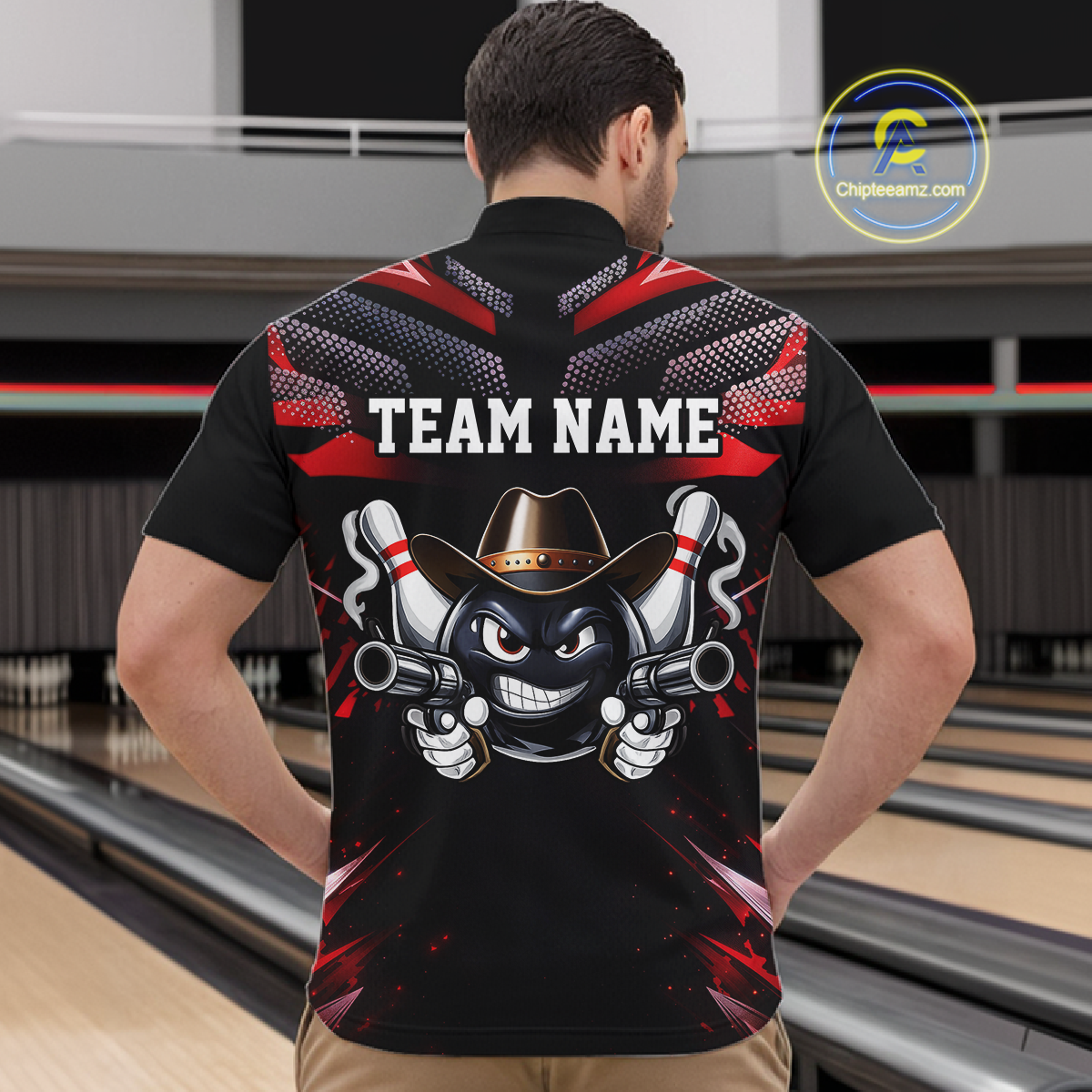 Custom Black & Red Funny Cowboy Bowling Shirt for Men Polo & 1/4-Zip Bowling League QZT840