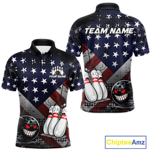 Load image into Gallery viewer, Custom American Flag Funny Bowling Team Shirt for Men Polo &amp; Quarter-Zip Bowling Jersey Blue Red White QZT928