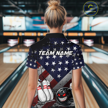 Load image into Gallery viewer, Custom American Flag Funny Bowling Team Shirt for Women Polo &amp; Quarter-Zip Bowling Jersey Blue Red White QZT928