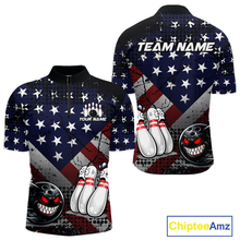 Load image into Gallery viewer, Custom American Flag Funny Bowling Team Shirt for Men Polo &amp; Quarter-Zip Bowling Jersey Blue Red White QZT928