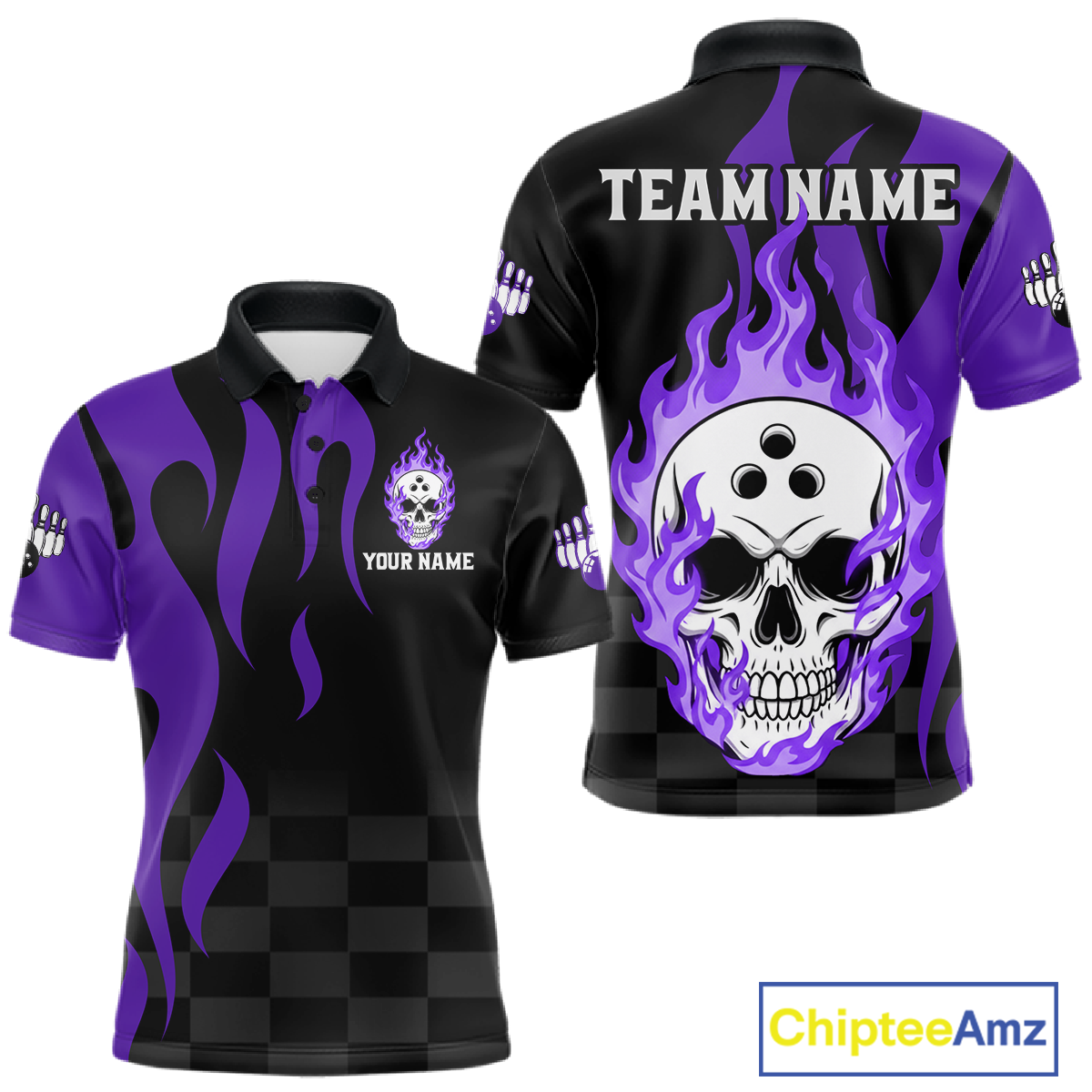 Purple Flame Skull Bowling Shirt Bowling Team Jersey for Men Polo & 1/4-Zip Bowling Outfit QZT931
