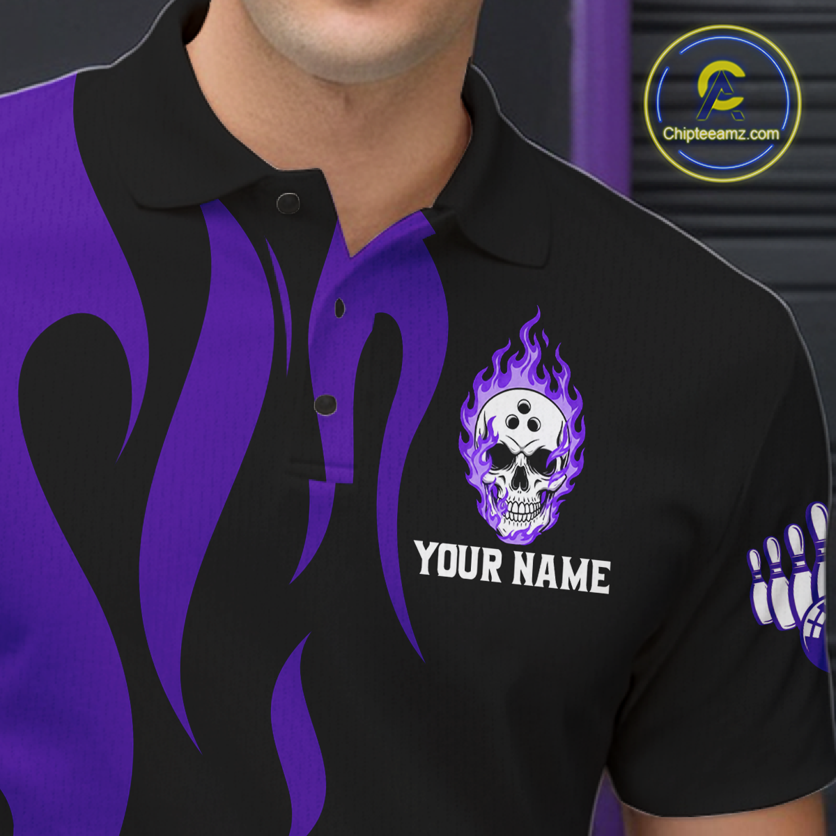 Purple Flame Skull Bowling Shirt Bowling Team Jersey for Men Polo & 1/4-Zip Bowling Outfit QZT931